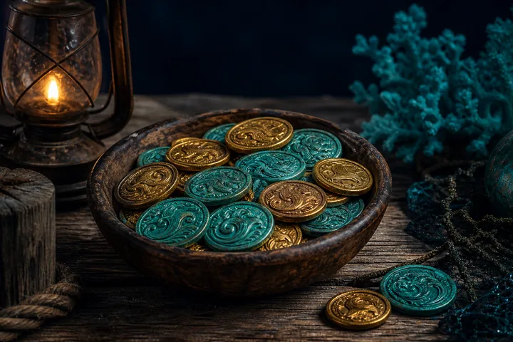 Wooden bowl filled with glowing Current Coins on a pier table