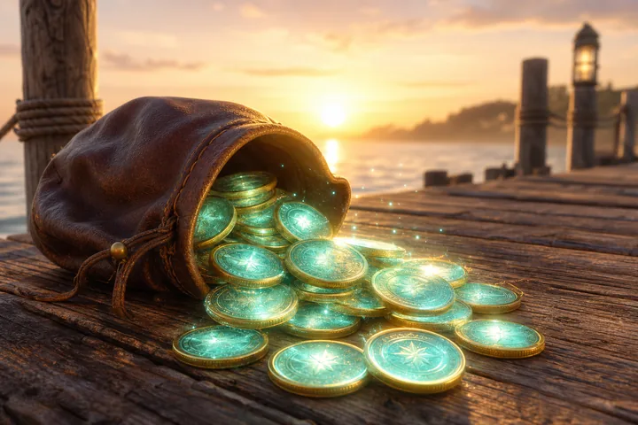 Daily Current Coins pouch on pier planks at sunrise