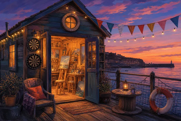 Courants Darts studio pier shack glowing at dusk