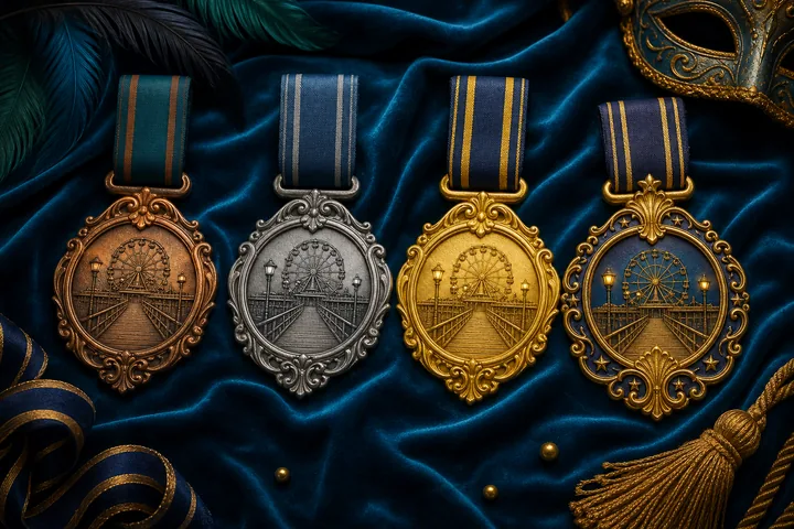 Bronze Silver Gold and VIP membership badges on velvet