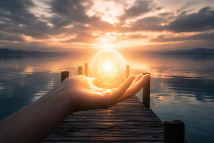 User rights symbolised by glowing orb over pier water