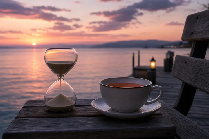 Hourglass and tea on pier bench for mindful breaks