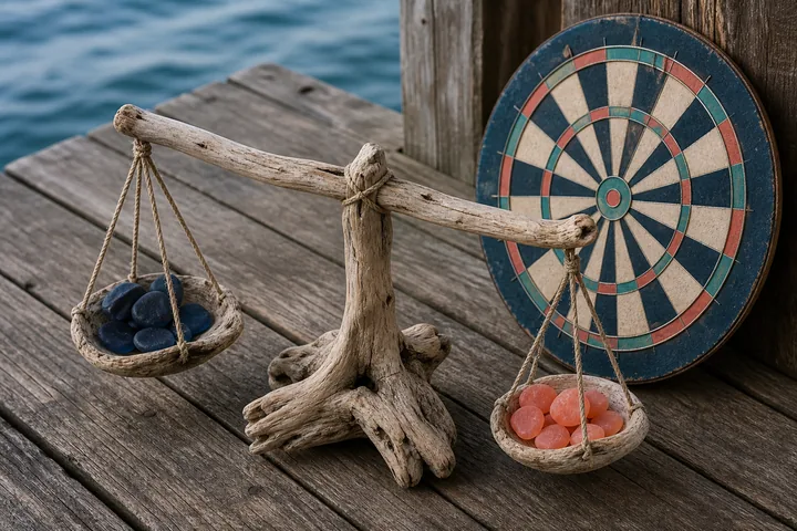 Fair play scales on pier planks beside dart board